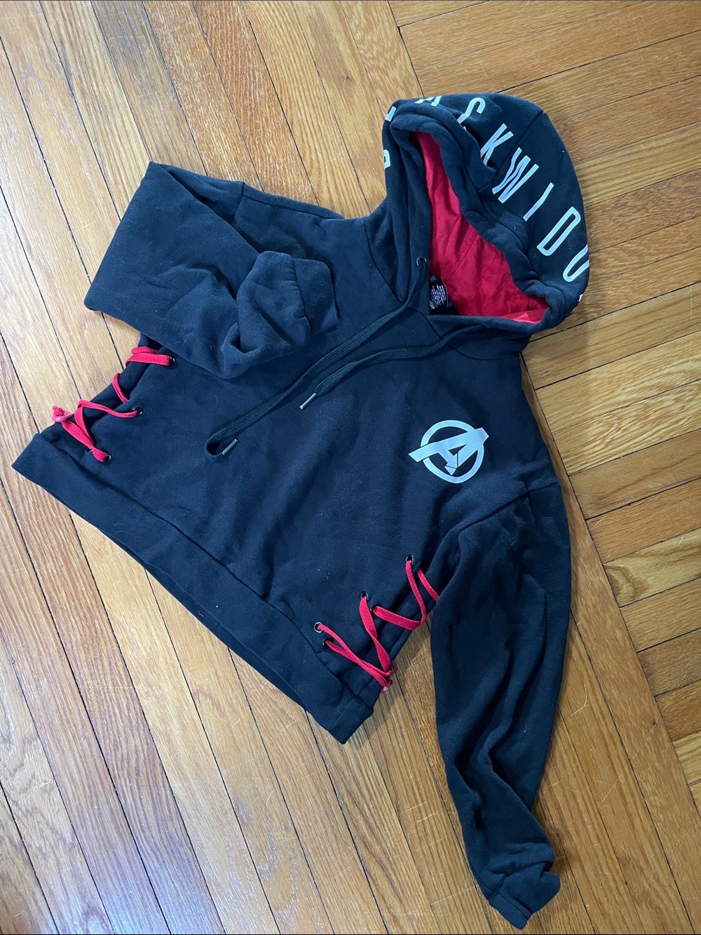 Her Universe Black Widow Hoodie with Red Lining and Lace-Up Sides